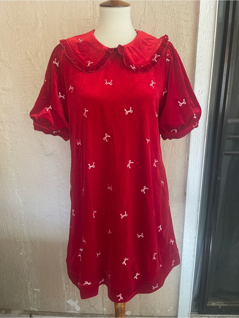 Jodifl Red Velvet Bow Dress with Peter Pan Collar